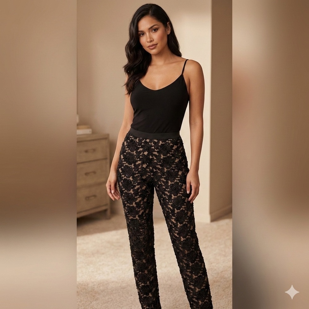 Eduardo Lucero Couture Beaded Lace Pants & Camisole Set Black Evening Ensemble